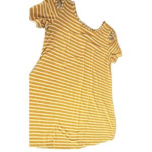 Women 2x Plus Yellow Mustard White Striped Stretchy Cutout Tunic Shirt Vibe